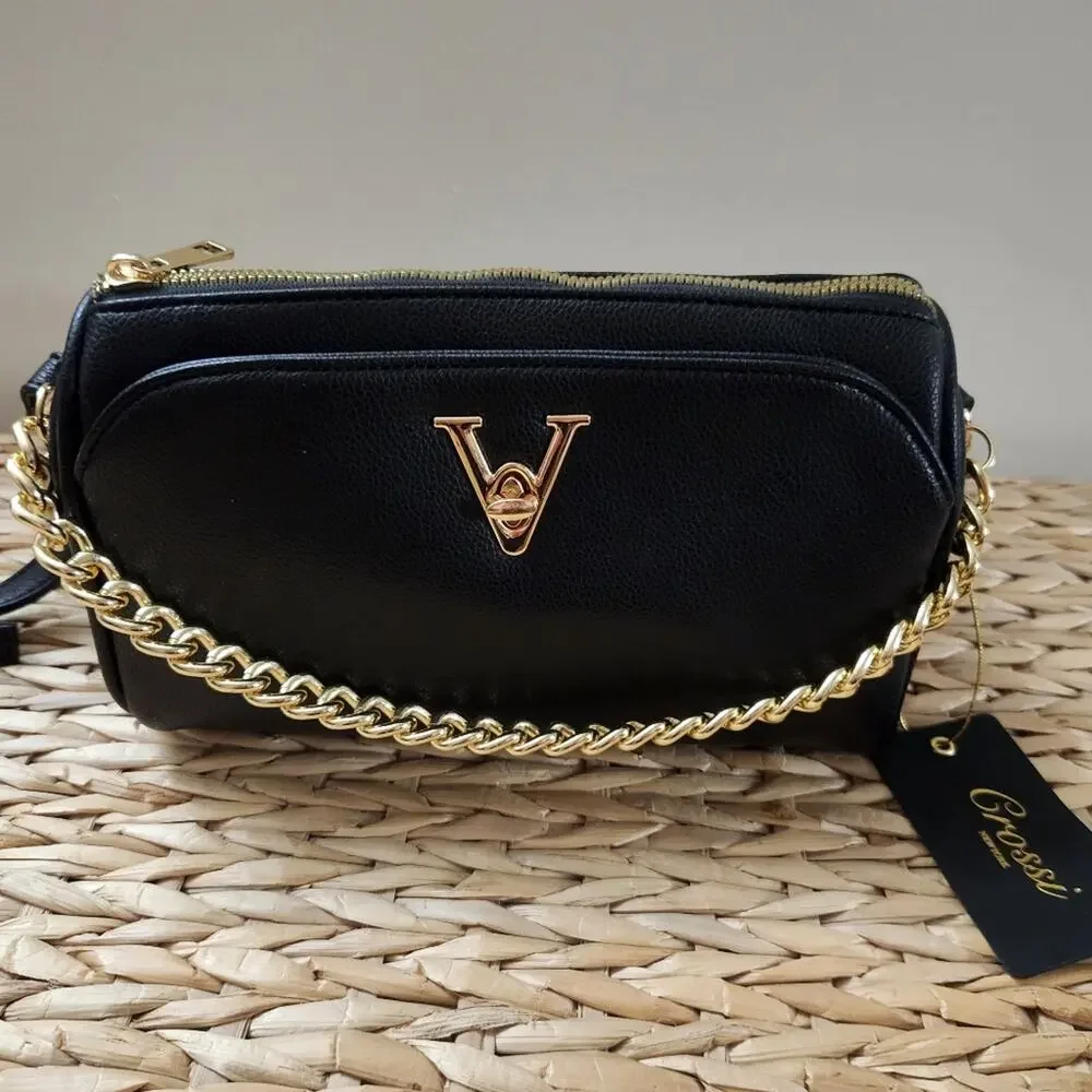 New Grossi New York Shoulder Crossbody Evening Bag Purse Black Gold NWT